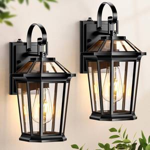 lot 21129 image: VIANIS Dusk to Dawn Outdoor Wall Lighting, Exterior Light Fixture Wall Mount for House Front Porch Light, Black Anti-Rust Aluminium Modern Outside Wall Lantern with Tempered Glass Shade for Garage - Retail $89.51