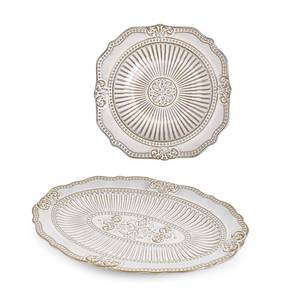 lot 21137 image: Sungmor Set of 2 Embossed Ceramic Plates ans Bowls Set, Large Porcelain Serving Platter for Main Dishes, 9 Inch Soup Bowl & 13 Inch Oval Dinner Plate, Vintage Dinnerware Sets for Party Entertaining