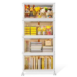 lot 21141 image: 4 Tier Stackable Storage Bins with Lids, 28Qt Plastic Storage Containers with Magnetic Doors & Wheels, Convenient Storage Bins Closet Organizers, Household Organization for Home, Party, Office, Dorm