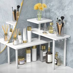 lot 21144 image: JayRex Bathroom Organizer Countertop Bathroom Shelf, 3 Tier Corner Shelf Adjustable Bamboo Organizer for Bathroom Counter, Make Up, Dresser Table, Desktop Shelf (White)
