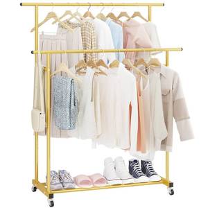 lot 21145 image: Calmootey Double Rod Clothing Garment Rack,Rolling Hanging Clothes Rack,Portable Clothes Organizer for Bedroom,Living Room,Clothing Store,Gold