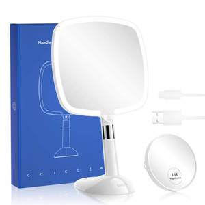lot 21152 image: CHICLEW� Makeup Mirror with Lights, 1X15X Magnifying Mirror with 60 LED Lights, Rechargeable 2 in 1 Hand held and Table Light Up Mirrors for Makeup, 3 Colors Lighting Modes, Stepless Dimming