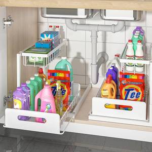 lot 21155 image: bukfen Under Sink Organizer, Pull Out Home Organizers 2-Tier Slide Out Sliding Shelf Under Cabinet Storage Multi-Use for Under Kitchen Bathroom Sink Organizers and Storage,White,2 Pack