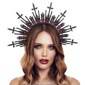 lot 21160 image: COSUCOS Black Sword Halo Crown - Handmade Renaissance Dark Witch Headpiece with Red Crystal Sunburst Goddess Crown for Women Cosplay Halloween Birthday Festival Costume Hair Accessories
