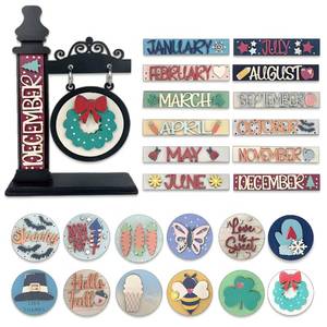 lot 21176 image: Interchangeable Seasonal Decor - Wooden 3D Layered Hanging Sign Living Room Decorations with Interchangeable Months and Circle Icons, Perfect Home Gift Decorations for Friends
