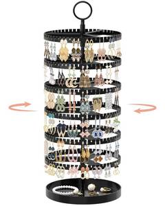 lot 21198 image: iDavosic.ly 6 Tier Rotating Earring Holder Organizer with Metal Tray, Adjustable Plastic Earring Display Stands Tree with 342 Grooves, Large Earring Storage Rack Tower for Hoop Dangle, Black
