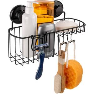 lot 21199 image: HASKO accessories Shower Caddy Suction Cup - Wall Mounted Bathroom Shelf with Hooks - Suction Shower Basket - Shower Shelf for Bathroom Shower Organizer Suction Cup - Stainless Steel SS304 (Black)