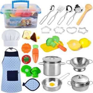 lot 21212 image: COSILY Kitchen Pretend Play Toys, Kids Cooking and Baking Set with Stainless Steel Cookware Pots and Pans Set, Cooking Utensils, Apron & Chef Hat, Cupcake Moulds, Cutting Vegetables for Boys and Girls
