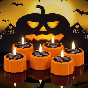 lot 21223 image: DRomance Flameless Votive Candles Solar Battery Operated Dusk to Dawn 3D Wick Flickering Outdoor Waterproof Spooky Pumpkin LED Tea Lights Candles Set of 6 Halloween Decor(2.5 D x 2.64 H)
