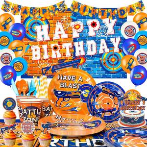 lot 21242 image: Dart Birthday Party Supplies,170pcs Dart War Party Decorations Tableware Set Dart War Plates Cups Napkins Tablecloth Banner Balloon Backdrop Cake Topper etc Dart War Party Supplies for Kids