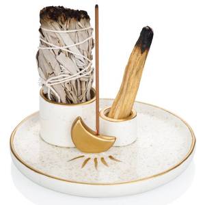 lot 21256 image: ZenBless Multifunction Incense and Candle Holder for Burning Sage, Palo Santo, Incense Sticks - 5.9 Ceramic Ash Catcher Tray for Meditation Room (Gold)