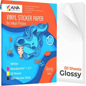 lot 21275 image: Printable Vinyl Sticker Paper - Waterproof Decal Paper for Inkjet Printer - 50 Self-Adhesive Sheets - Glossy White - Standard Letter Size 8.5x11
