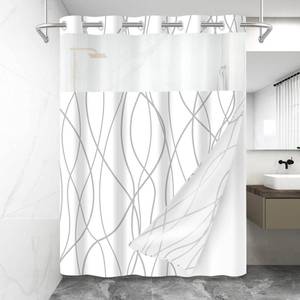 lot 21280 image: LXBNI No Hook Grey White Striped Shower Curtain with Snap in Fabric Liner Set - Hotel Liner Set with See Through Mesh Top Window,Machine Washable, 71x74 INCH