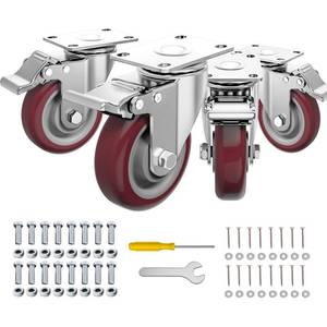 lot 21295 image: 4 Inch Wheel Casters,Set of 4 Heavy Duty,Red Industrial Casters with Brake, Locking Casters for Furniture and Workbench for Cart,Top Plate Swivel Wheels and Load 2300lbs (Two Hardware Kits Include)