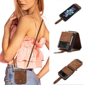 lot 21298 image: UEEBAI Crossbody Wallet Case for Samsung Galaxy Z Flip 3 5G, Card Slots Adjustable Crossbody Zipper Cover Detachable Lanyard Strap Flip Case with Hand Strap Kickstand Case - Brown