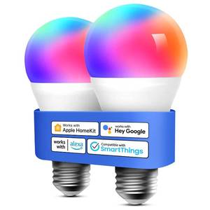 lot 21325 image: meross Smart LED Light Bulb, Smart WiFi LED Bulbs Compatible with Apple HomeKit, Siri, Alexa, Google Home & SmartThings, Dimmable E26 Multicolor 2700K-6500K RGBWW, 900 Lumens 60W Equivalent, 2 Pack
