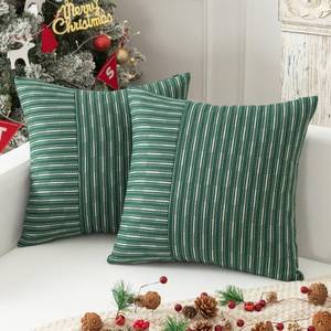 lot 21330 image: Kevin Textile Dark Green and Beige Farmhouse Striped Patchwork Linen Decorative Throw Pillows Covers 18x18, Set of 2, Christmas Modern Accent Square Cushion Covers for Couch Chair Bedroom