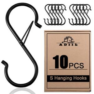 lot 21334 image: ADIIL 10 Pcs S Hooks for Hanging with Safety Buckle, Heavy Duty Metal S Shaped Closet Hooks for Hanging Plants, Kitchen Utensils, Jeans, Bags, Pots, 3.75 Inch, Black