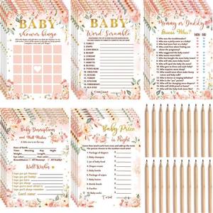 lot 21344 image: 125 Pcs Floral Baby Shower Games for Girls Set of 5 Baby Shower Game Activities Floral Cards with 20 Pencils Includes Baby Bingo Guess Who Baby Price Is Right Description Word Scramble Game