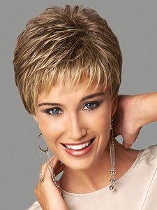 lot 21357 image: SEVENCOLORS Short Dark Brown Mixed Blonde Pixie Cut Wigs for Women Synthetic Layered Highlight Wigs with Bangs Natural Hair Replacement Wigs