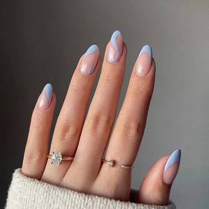 lot 21396 image: RikView French Tip Press on Nails Medium Fake Nails Blue Nails with Swirls Design Almond Acrylic Nails