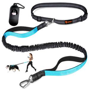 lot 21437 image: Hands Free Dog Leash, Adjustable Waist Leash for Dog, Handle Bungee Dog Leash 4.2-6.7 Feet Long with Reflective Stitches for Walking Hiking Running, Fits 26- 47 Waist, Black & Blue