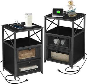 lot 1659 image: VECELO Black End Table Set of 2 with USB Ports and Outlets,24Inch Nightstands with Charging Station and Storage Shelf for Bedroom,Living Room