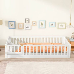 lot 4879 image: Twin Size Floor Bed Wood Twin Montessori Bed Frame Support Slats, Playhouse Bed with Door Design for Toddler White - Retail $100.00