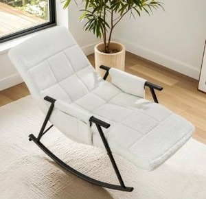 lot 4885 image: VECELO High Back Nursery Rocking Chair with Foot Rest, Teddy Upholstered Reclining Glider Rocker, Comfy Armchair Padded Seat Removable Side Pockets for Living Room, Bedroom, Balcony, White - Retail $128.73