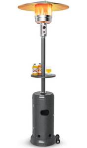 lot 4891 image: Giantex Outdoor Propane Heater, 48000 BTU Standing Gas Heater wShelf Tabletop & Wheels, Tip-Over Protection & Auto Shut Off, CSA Certified, Portable Patio Heater for Home & Commercial Use (Black) - Retail $169.99