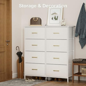 lot 5572 image: Tall Dresser for Bedroom with 8 Drawers, Chest of Drawers for Closet, Living Room, Hallway, Nursery, White Dresser with Sturdy Steel Frame, Fabric Bins, Leather Finish, Wood Top, White RETAIL $59.99