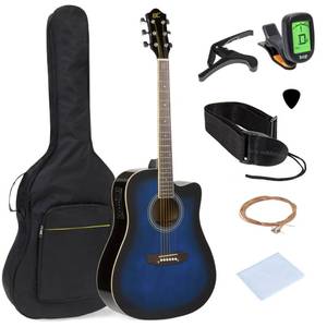 lot 3936 image: Best Choice Products Beginner Acoustic Electric Guitar Starter Set 41in W All Wood Cutaway Design Case - Blue