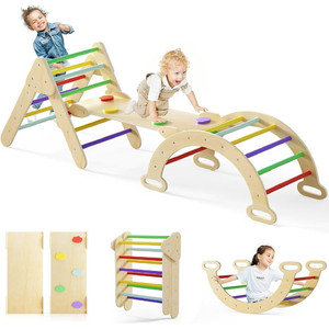 lot 3942 image: Climbing Triangle Set, 5 in 1 Kids Wooden Montessori Climber Toy with Ramp Ladder Arch Slide for Gym Playground, Indoor Outdoor Climb Activity Jungle Play Structure for Toddlers 1-3