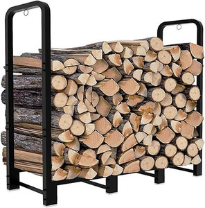 lot 5721 image: Firewood Rack, Upgraded Adjustable Heavy Duty Logs Stand Stacker Holder for Fireplace - Metal Lumber Storage Carrier Organizer, Bright Black RETAIL $62.99