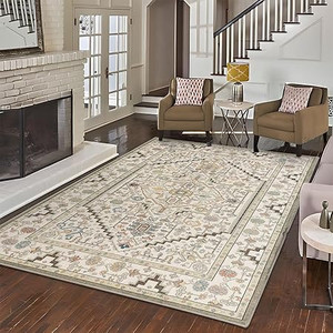 lot 5722 image: Rineflo-8x10 Area Rugs,Machine Washable Rug for Living Room Dinner Room Bedroom,Bohemian Style Soft Non Slip Rug Carpet,Oriental Vintage Low Pile Large Area Rug (Beige Green, 8x10) RETAIL $130.00