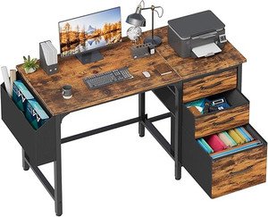 lot 5729 image: Computer Desk with Fabric File Drawers Cabinet, 47 Inch Home Office Desks with Filing Cabinet for Small Space, Study Writing Table PC Desks, Rustic Brown RETAIL $89.87