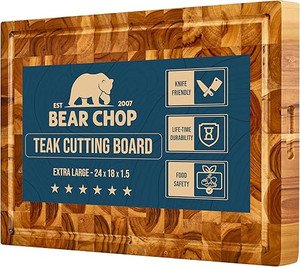lot 5730 image: Bearchop Teak Cutting Boards for Kitchen, 24 x 18 x 1.5 Extra Large End Grain Cutting Boards, Solid Teak Wood Butcher Block Cutting Board with Juice Grooves, Handle, Knife Friendly and Reversible RETAIL $99.99