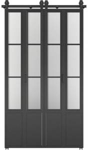 lot 10006 image: 48 in. x 84 in. 34 Lites Frosted Glass Black Steel Frame Double Bi-Fold Barn Doors with Hardware Kit and Door Handle