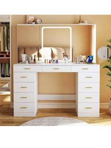 lot 10019 image: Vanity Desk with Mirror and Lights, 47.2 Makeup Vanity with 11 Storage Drawers and Hidden Storage Shelves, White Vanity with Charging Stations & 3 LED Lighting Modes Adjustable, for BedroomMIRROR DAMAGED