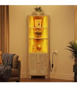 lot 10020 image: Tall Corner Shelf with Led Light, 5-Tier Corner Bookshelf and Bookcase with Storage, 67 Modern Corner Cabinet with 2 Carved Doors for Kitchen, Home Office or Living Room, White