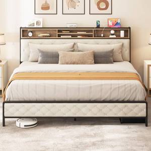 lot 10049 image: DWVO King Bed Frame with Built-in Charging Station, Platform Bed Frame with Upholstered Storage Headboard &amp Footboard, Sturdy Metal Slats, No Box Spring Required (Beige)&nbsp