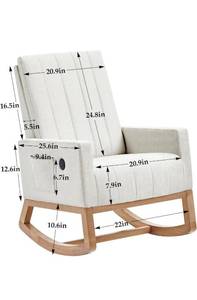 lot 10063 image: VECELO Rocking Chair, Upholstered Glider Rocker for Nursery Comfy Armchair with Safe Solid Wood BaseUSB PortSide Pocket for Living Room Bedroom Balcony Home Office, Off-White