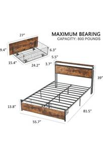 lot 10071 image: Bed Frame Full Size with Drawers, Full Platform Bed Frame with Headboard and Power Outlets, No Box Spring Needed, Easy Assemble(Brown)