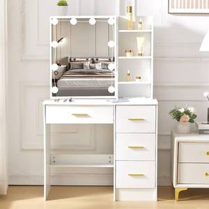 lot 10202 image: Abesthink Vanity Table Set with LED Lighted Mirror & Power Outlet, White Dressing Desk with 3 Open Shelves and 3 Hidden Shelves, Cute Bedroom, Loose Bolts in Box (Contents Unknown)