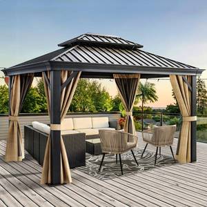 lot 10211 image: DWVO 10x12ft Hardtop Gazebo Double Roof with Nettings and Curtains, Heavy Duty Galvanized Steel Outdoor Vertical Stripes Roof for Patio, Backyard, Deck, Lawns, Brown Factory Sealed THREE BOXES