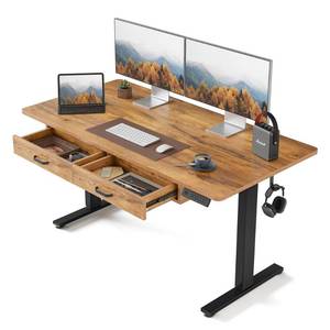 lot 10225 image: FEZIBO Adjustable Height Electric Standing Desk with Double Drawer, 55x 24 Inches Stand Up Home Office Desk with Splice Tabletop, Black FrameFir Brown Top&nbsp