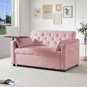 lot 10235 image: Yafylly 3 in 1 Sleeper Sofa Couch Bed, Pull Out Loveseat with Storage, Full Size Velvet Convertible Chair with 2 Pockets &amp 2 Pillows for Living Room, Pink&nbsp