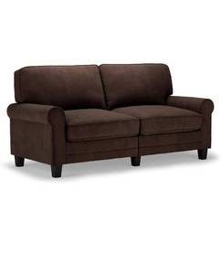 lot 10254 image: 73 Rolled Arm Sofa, Easy Care Polyester, Soft Pillow Back, Pocket Coil Seat Cushions, Removable Covers, Loveseat or Couch for Small Spaces, Living Rooms or Bedrooms, Brown different seat cushion color clearly used