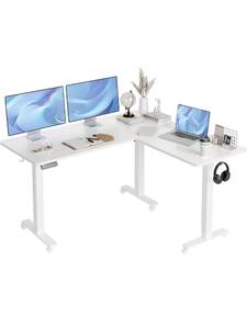 lot 10260 image: L Shaped Standing Desk Adjustable Height, Dual Motor Electric Corner Standing Desk, 63x55 inch Sit Stand up Desk with Splice Board, White
