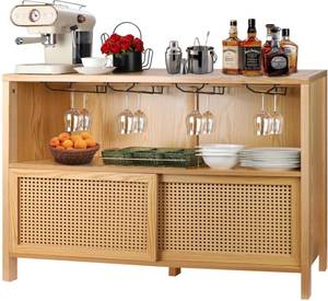 lot 10271 image: ZYBT Coffee Bar Cabinet with Storage, Liquor Cabinet Bar for Home Bar, Boho Wine Cabinet, Rattan Bar Table, Bar Cabinets for Liquor and Glasses, Sideboard Buffet Cabinet Table for Kitchen Living Room -